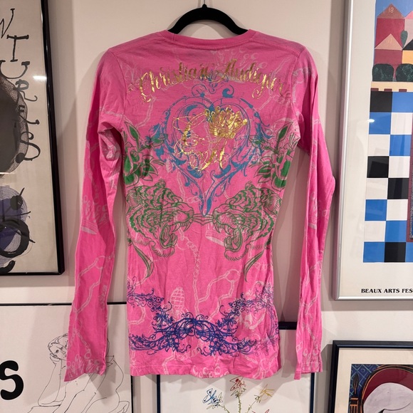 Y2K Christian Audigier Pink Graphic Long Sleeve Tee - size M - Picture 8 of 16